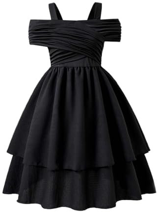 Générique Robe Fille élégante asymétrique à Volants pour Enfant vêtement habillé évasé Confortable été fête école Anniversaire (Black, 9 Years)