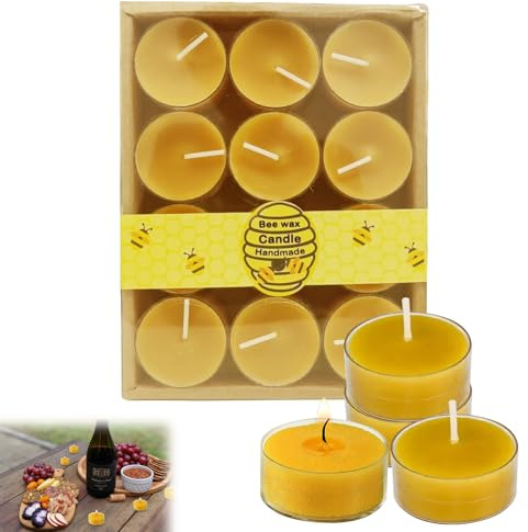 Lot de 12 bougies chauffe-plat en cire d'abeille, faites à la main, non toxiques, bougies chauffe-plat pour la relaxation, cire d'abeille pure, respectueuse de l'environnement, mèche en coton