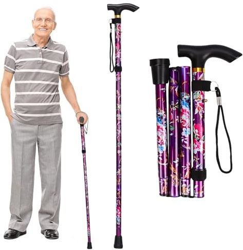Faltbare Stöcke für Senioren,Gehstock Klappbar,Höhenverstellbar Gehstock,für ältere Menschen,Bergstock Spazierstock Wanderstock rutschfest Leicht Unisex (Violette Blumen)
