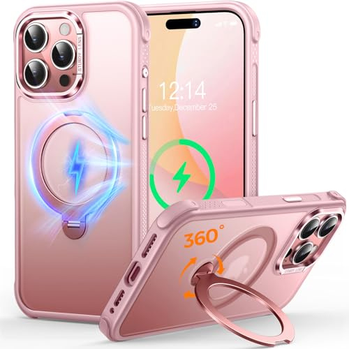 CUTELFON O3 Mag-Ständer Entwickelt für iPhone 16 Pro Max Hülle mit 360° Ständer,[Kompatibel mit MagSafe][Super Hautgefühl] Durchscheinende Matte Magnetische Schlanke Handyhülle 6,9,Matt Rosa