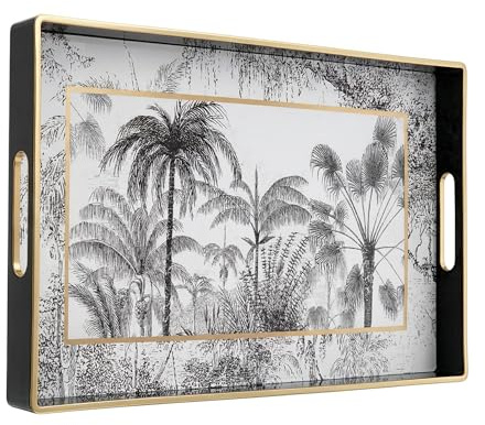 Heaven4you Luxury Elegant Decorative Rectangular Serving Tray with Handles – Gloss Finish, Gold Trim – For Coffee Table, Vanity, Kitchen or Ottoman – Multiple Colors & Designs 40x26x4cm (Tropical)