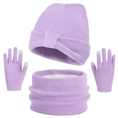 ZXTGBQ Kinder Winter Mütze, Kinder Beanie Mütze & Loop Schal Set, Loop Schal Handschuhe Set, Schlauchschal Fäustlinge, für Jungen Mädchen 3-8 Jahre Outdoor Aktivitäten (Lila)