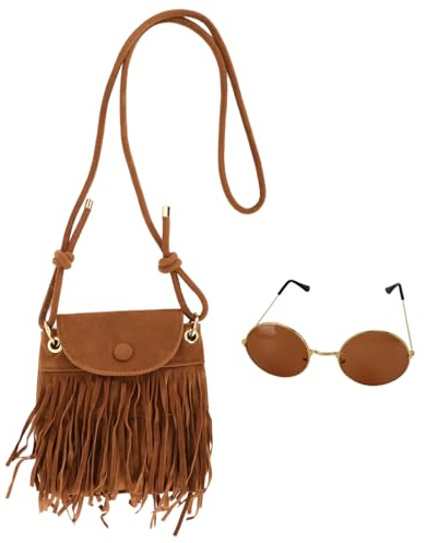 Zidoley Hippie Kostüm Damen, Kleine Handtasche mit Quaste & Sonnenbrillen-Set für Damen – 70er Jahre Outfit – Stilvolle hippie kleidung damen für Festival, Karneval & Party