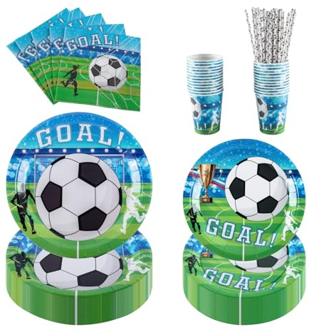 PHUNAT 25-Guests Football Paper Plates Cups and Napkins Set, Includes Paper Plates (7 & 9 inch), Cups, Napkins, Straws, Ideal for World Cup, Birthday, Sport Themed Party