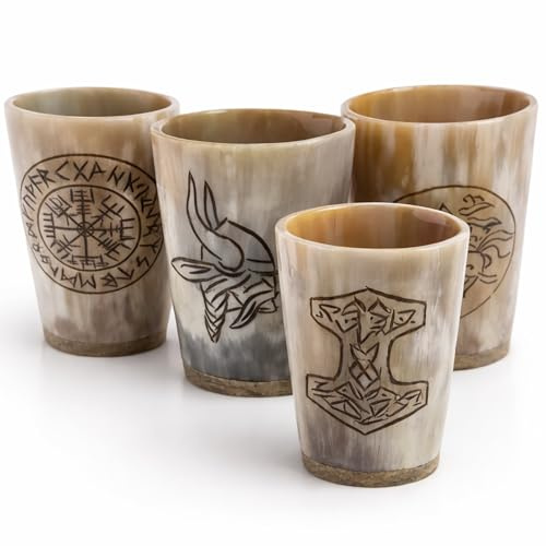 Classic Collection UK7 Ltd Ensemble de verres à shot Viking en corne naturelle - Cornes à boire nordiques gravées (verre naturel, multicolore)