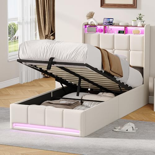 Polsterbett 90x200 mit LED USB,Bett mit Bettkasten,Einzelbett Leinen Beige | Jugendbett 90x200 mit Hydraulischer Stauraum, Kinderbett Funktionsbett Stauraumbett Bettgestell mit Lattenrost,Ohne Matratze