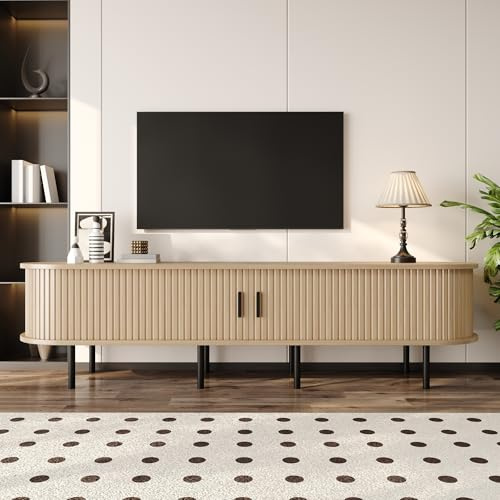 Merax TV-Schrank 170x40x46 cm, mit Schiebetüren, elliptische Medienkommode mit 2 offenen Fächern & Kabeldurchlässen, MDF-Korpus, Schwarze Metallfüße, Moderne Wohnzimmerschrank, Holzfarbe