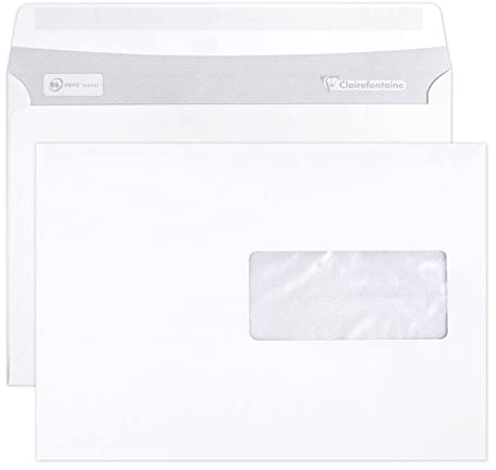 Clairefontaine 10342C - Karton mit 500 Umschlägen C5-162x229mm, selbstklebend, 90g, mit Sichtfenster 45x100 (62/20), Weiß, 1 Karton