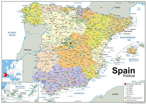 Mapa político de España, de papel laminado tamaño A1, 59,4 x 84,1 cm
