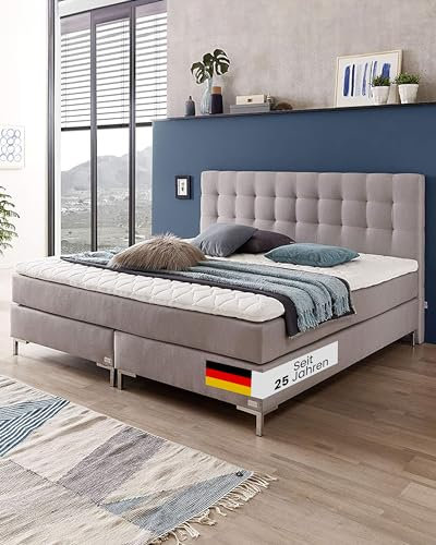 WELCON boxspringbettenshop24.de - Rockstar Boxspringbett 140x200 Härtegrad 1 2 3 4 und 5 lieferbar, in grau über 1000 Federn in der Matratze inkl. Topper - Premium Bett für Privat und Hotel