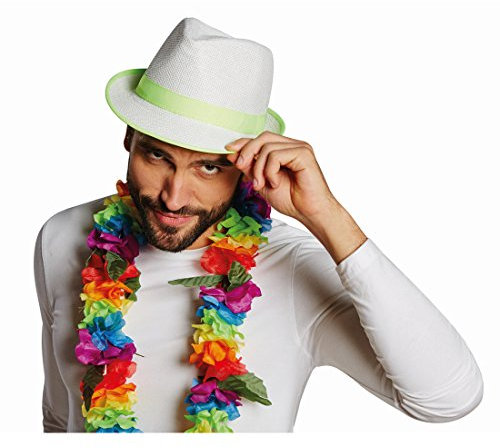NET TOYS Fedora Hut Neon Strohhut grün Sommer Party Trilby Strand Partyhut Faschingshut Kopfbedeckung Schlager Mottoparty Accessoire Karnevalskostüme Zubehör