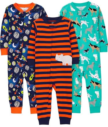 Simple Joys by Carter's 3-Pack Snug Fit Footless Cotton Pajamas Infant-And-Toddler-Pajama-Sets, Blu Marino Spazio/Ruggine Righe/Verde Turchese Cani, 18 Mesi (Pacco da 3) Unisex-Bimbi