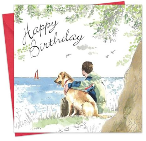 Twizler Happy Birthday Karte für Ihn mit grüner & Silberfolie & einzigartigem Aquarell-Effekt - Hundekarte - Strandkarte - Segelkarte - Geburtstagskarte für Männer - Geburtstagskarte Herren