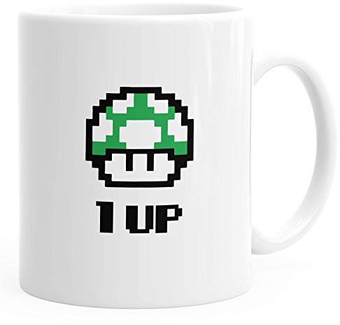 Kaffee-Tasse Geburtstag Retro Pixel-Pilz 1-Up-Pilz Level-Up Gaming Konsole 90er MoonWorks® weiß unisize