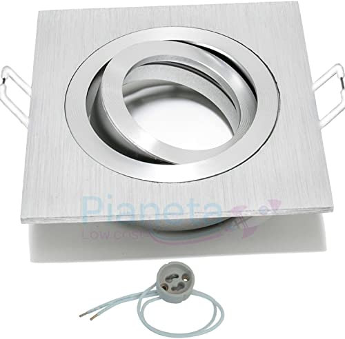 Porta faretti quadrato orientabile da incasso Alluminio spazzolato portafaretto con ghiera blocca faretti attacco GU10 in ceramica incluso