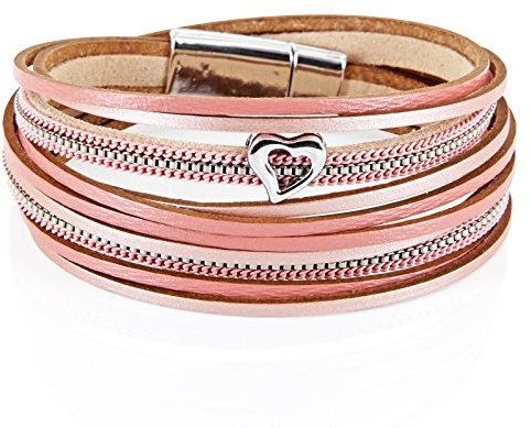 StarAppeal Armband Wickelarmband in Leder mit Herz, Kette und Magnetverschluss Silber, Damen Armband (Rose-Puder)