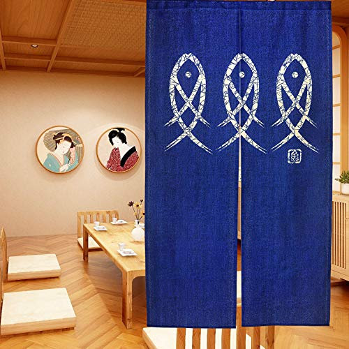 LIGICKY Noren Rideau Japonais Long Tapisserie Fenêtre Rideaux Panneau Tenture Tapisserie Décoration Bleu(85×150cm,Chinois Traditionnel Style Poisson
