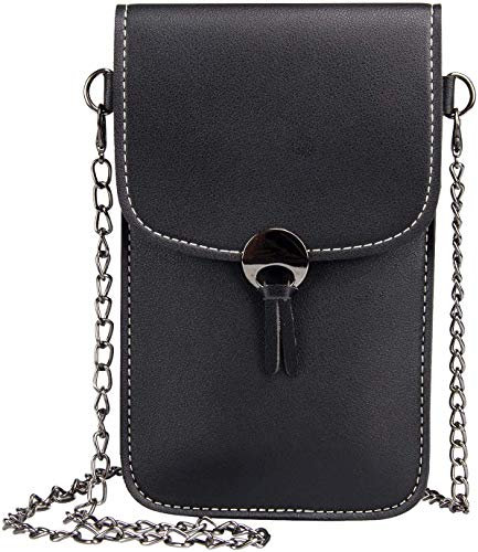 Damen Schultertasche Sommer Mini Handytasche mit Touchscreen Fenster PU Leder Umhängetasche Schulter Handtasche Tasche Geldbörse Brieftasche (Metallkette, Schwarz)