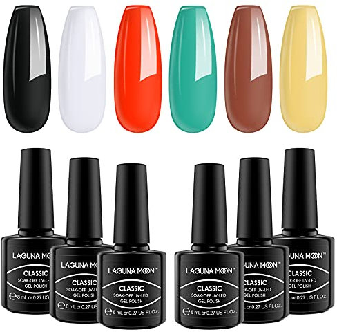 LagunaMoon Gel Nail Polish Set - 6 Colours Black White Orange Teal Yellow Brown High-Shine Kit Nail Gel Polish for Salon Quality DIY Nails - UV LED Soak Off Lacquer Kit Varnish Manicure & Pedicure