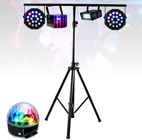 BOO - PACK DE 5 EFFETS JEUX DE LUMIERE COMPACTS à LED + PORTIQUE ROBUSTE REGLABLE EN HAUTEUR idéal soirée ambiance bar club disco fiesta