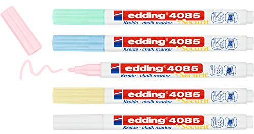 edding 4085 Kreidemarker - gelb, grün, rosa, blau, weiß (pastell) - 5 Kreidestifte - Rundspitze 1-2mm - Kreidestift für Tafel abwischbar - für von Fenster, Glas - Tafelstifte mit deckenden Farben