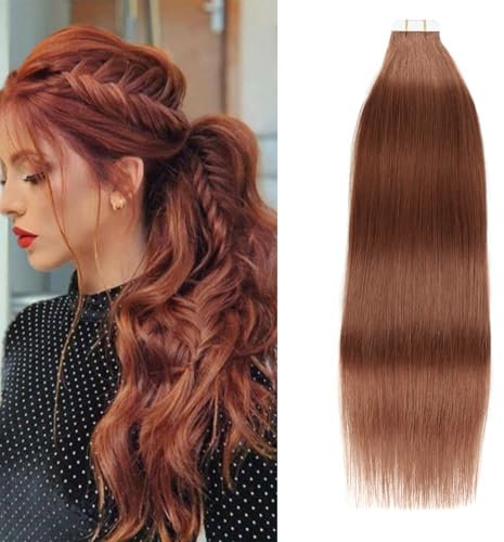 YMEYME Natürliche Tape in Haarverlängerungen Semi-Permanent Echthaar Gerade #33 Kupfer Dunkel Auburn Haarverlängerungen 50g 20 Stück 40cm