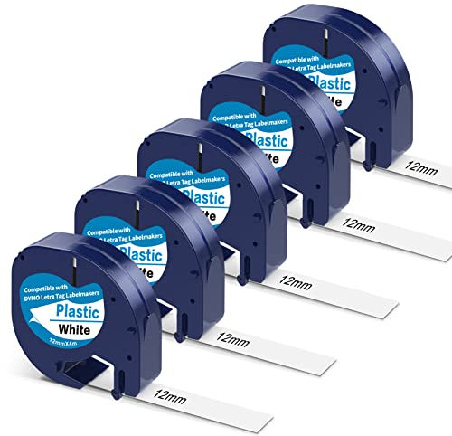 5 X Madhurlabels Etikettenband Kompatibel mit Dymo Letratag Etikettenband, Kompatible für Dymo Etikettenband, 91221 Schwarz auf Weiß 12mm x 4m für Beschriftungsgerät LT-100H LT-100T
