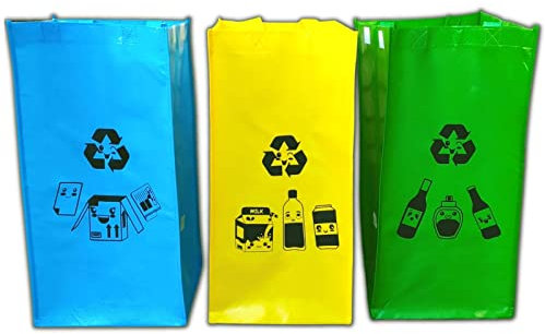 Bolsas de reciclaje con colores y dibujos Kawaii - Refuerzo para usar como 3 cubos de basura ecológicos en casa y reciclar plástico, vidrio, papel y cartón - De la cocina al contenedor o papelera