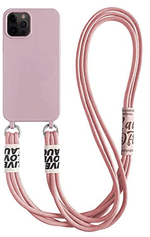Emlivi Handykette Hülle für iPhone 12 Mini Necklace Handyhülle Nylon Schultergurt Liquid Silikon TPU Cover mit Kordel zum Umhängen Schutzhülle mit Stylische Band Case für iPhone 12 Mini, Rosa