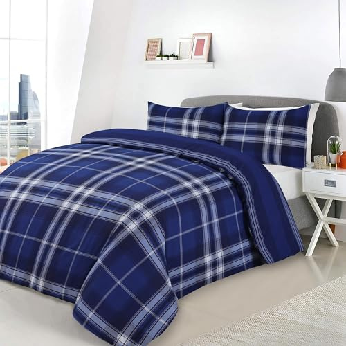 Charlotte Andersen Navy Blue Grey Highland Tartan Check King Duvet Cover, Reversible Easy Care Poly Cotton Bedding Set With Pillowcases (Blue, King)
