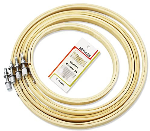 SZCXDKJ 4Pcs 4 Sizes Round Bamboo Embroidery Hoop Circle Cross Stitch Hoop Ring for Craft Sewing,with Gold Eye Embroidery Needles,Embroidery Hoop