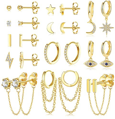 JeweBella 12Paar Kleine Ohrstecker Damen Set Edelstahl Mini Creolen Anhänger mit Kette Stern Mond Ohrringe Hypoallergen Zirkon Ball Evil Eye Ohrringe Creolen Set Gold/Silber