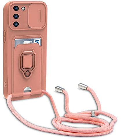 yanasuo Schiebe Kameraschutz Silikon Handykette Hülle kompatibel mit Samsung Galaxy S23 Plus, Metall Ring Halter Handy Cover,Verstellbarer Halskette Handyhülle-Pink