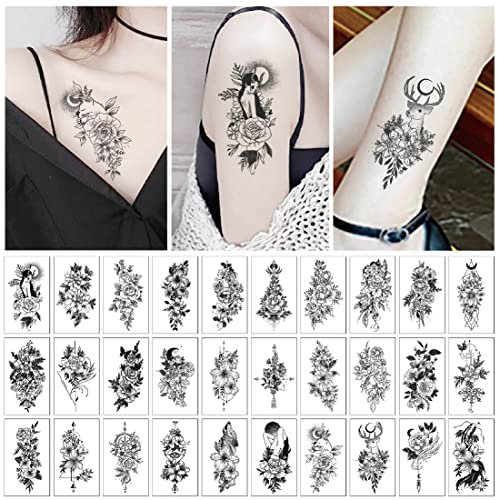 TSLRSA 60 BläTter Klein Schwarz Rose Blume Temporäre Tattoos Frauen Körper Arm Beine Päonie Geometrisch Tattoo Aufkleber Gefälscht Wasserdicht Skizzieren Tätowierung Sexy Pfingstrose Temporary Tattoos
