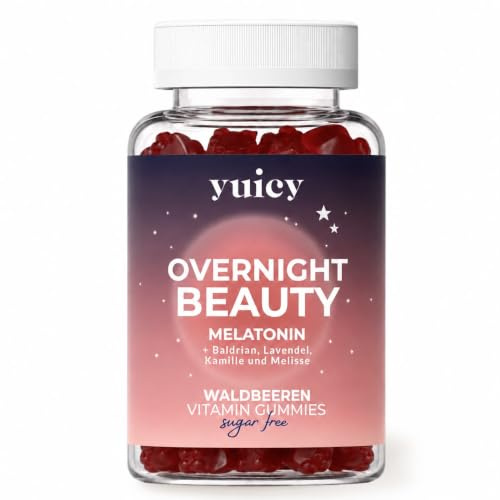 yuicy® Melatonin Gummies – 60 Stk. Extrem Leckere & Zuckerfreie Gummibärchen zum Einschlafen - 0,5mg Melatonin Vegan - Bewährte Einschlafhilfe Erwachsene - yuicy Overnight Beauty