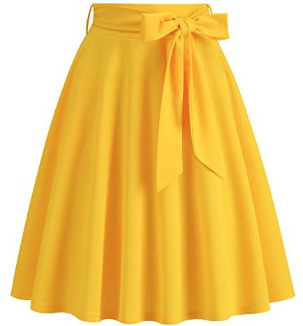 Odizli Rock Damen Knielang Rockabilly Tellerrock Elegant 50er Jahre Vintage Audrey Hepburn A Linie Swing Petticoat Röcke Faltenrock Plisseerock Retro Trachtenrock Festlich Sommerrock Gelb S