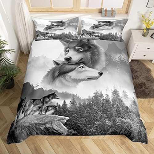 Bettwäsche 155x220cm Wolf Bettwäsche Set Alpenwaldtier Wolf Schlafzimmer Dekor Bettbezug Set 3 Teilig Mikrofase Luxus Modern Mit Reißverschluss + 2 Kissenbezug 80x80cm