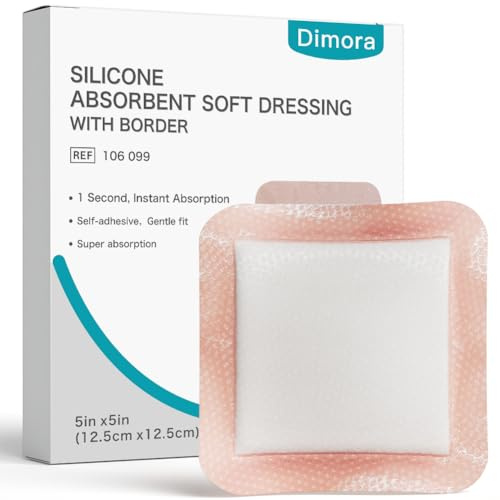 Dimora Silicone Super Absorbent Wound Dressings - Gentle Adhesive Bandages with Ultrasorb Polymer,Heavy Exudate Wound Care Pads 5X 5 10 Count