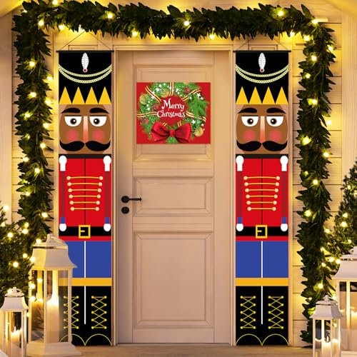 Blulu 3 Piece Nutcracker Christmas Decorations Soldier Model Nutcracker Banners with Xmas Wreath Banner Nutcracker Porch Sign with String Lights Christmas Party Decor for Outdoor Indoor Home(Cute)