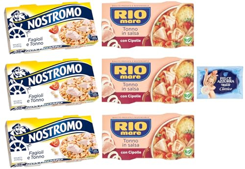 6er-Pack Testpaket Rio Mare Thunfisch und Zwiebeln + Nostromo Thunfisch und Bohnen Fertiggericht, 2x150g + 1er-Pack Kostenlos Felce Azzurra Talkumpuder, 100g-Beutel