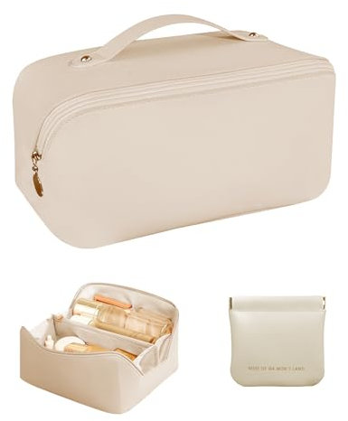 Trousse de Maquillage zsmjaer, Étanche Trousse de Toilette Femme, Trousse Maquillage Femme Beige, Sac à Cosmétiques en Cuir PU Pochette, Sac à Maquillage Portable Grande Capacité