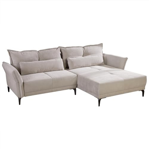 Ecksofa DESIGNO - 250cm - champagner beige - Cord Metall - inkl. Kissen | 8 Kissen, Ottomane links oder rechts montierbar, Nosagfederung, pflegeleicht, belastbar bis 110 kg