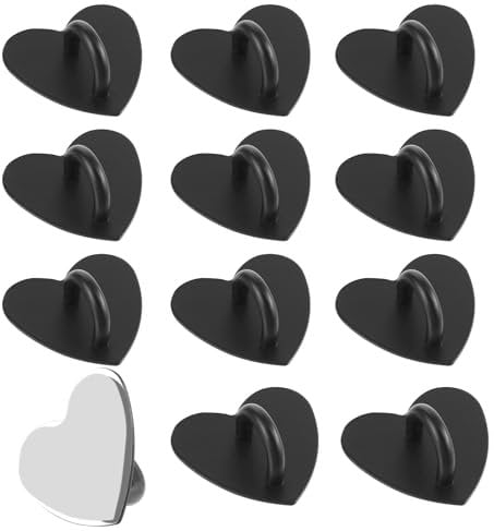 Amabro 12PCS Phone Ring Holder, Self-adhesive Heart Cell Phone Charm Hook Metal Universal Finger Ring Stand Grip for Cell Phone Case Tablet DIY Hanging Supplies(Black)