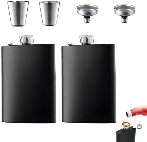 Hip Flask, 2 PCS Stainless Steel Whiskey Flask, Portable Pocket Whiskey Flask, Hip Flask with Funnels and Cups for Hiking Party and Barbecue Women Men 210 ml Black