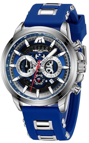 MEGALITH Herrenuhr Chronograph Herren Uhren: Groß Wasserdicht Gummi Blau-Silber Armbanduhr - Analog Geschenk fur Männer