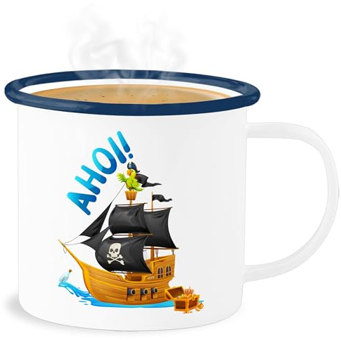 Emaille Becher Blechbecher - Pirat - Tassen - Piratenschiff Ahoi Piraten Geschenk Piratenparty I Piratenkapitän Schiffsmotiv Seeräuber Geschenkidee Jungs - 300 ml - Weiß Blau - pirate motiv tasse