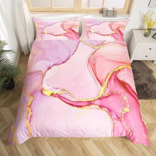 Homemissing Maiden Marble Parure de Lit Marble Imprimer Housse de Couette 140x200cm Or Paillettes Rose Violet Marbre Art Abstrait Housse de Couette Filles Enfants Chambre à Coucher décoration