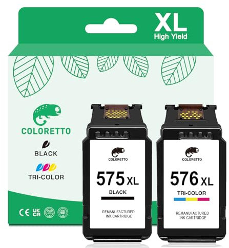 COLORETTO Druckerpatronen für Canon Pixma TR4755i für Canon 575 XL 576 XL Druckerpatronen für Canon Pixma TR4750i TR4751i TS3550i TS3551i Wiederaufbereitet 575XL 576XL Patronen (1 Schwarz und 1 Farbe)