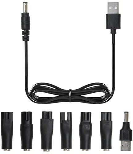 7-Piece Universal Electric Shaver Charger Kit, Black Razor Charger Cord Compatible with Philips, Wahl, Braun & More, USB Shaver Charger Cable for Men's Razors & Trimmers, Bathroom & Travel Essential.