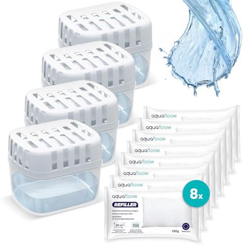 Aquafloow 4x Déshumidificateurs + 8x Granulés dans un sachet de recharge de 280 g, Sachets de recharge pour déshumidificateur, Packs de recharge | Empêche la moisissure, odeurs désagréables